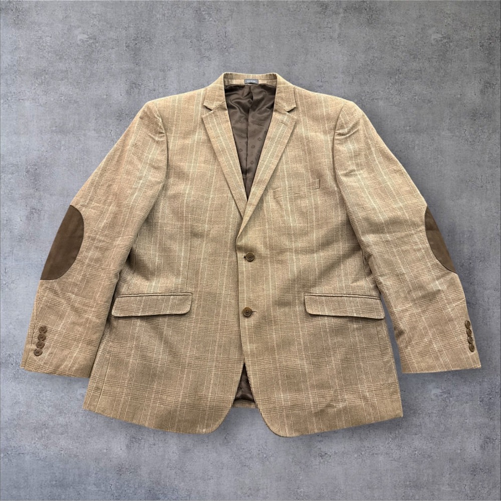 Madison Sport Coat Mens 44R Brown Glen Plaid Cotton Blazer Elbow Patches